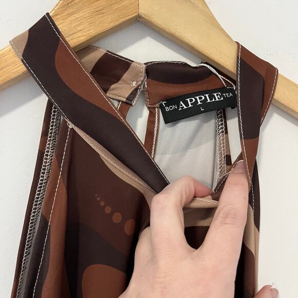 NEW Bon Apple Tea Brown Retro Print Tank Size Large - Picture 3 of 4